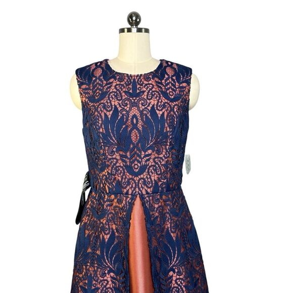 Kay Unger Claudia Navy Floral Lace Walk Thru Cocktail Dress | Size 4 - Picture 3 of 13